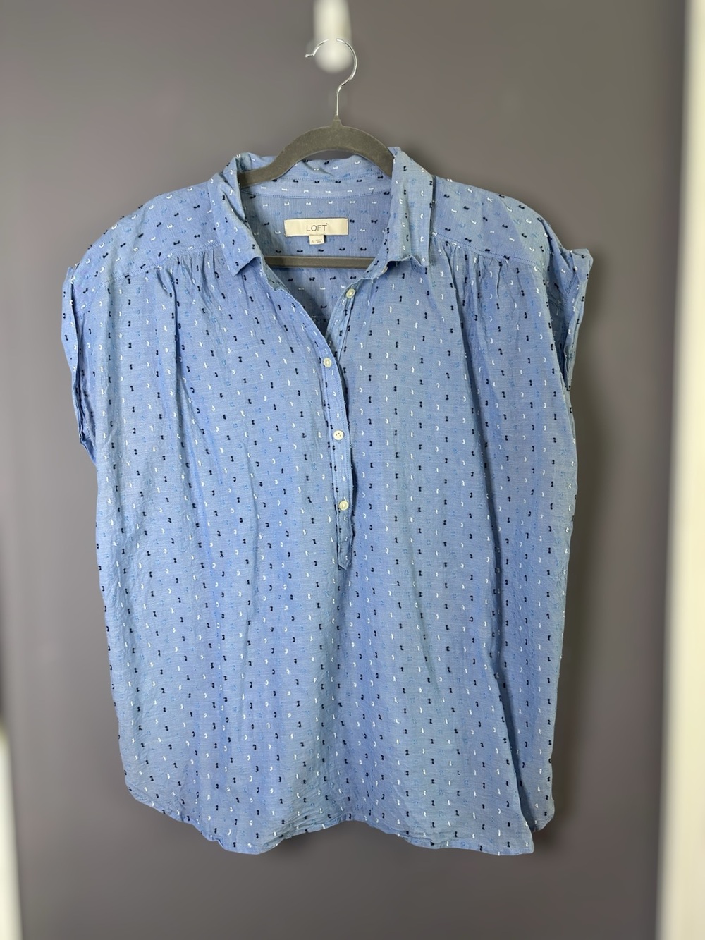 LOFT Light Blue Clip Dot Embroidered Cap Sleeve Popover Large